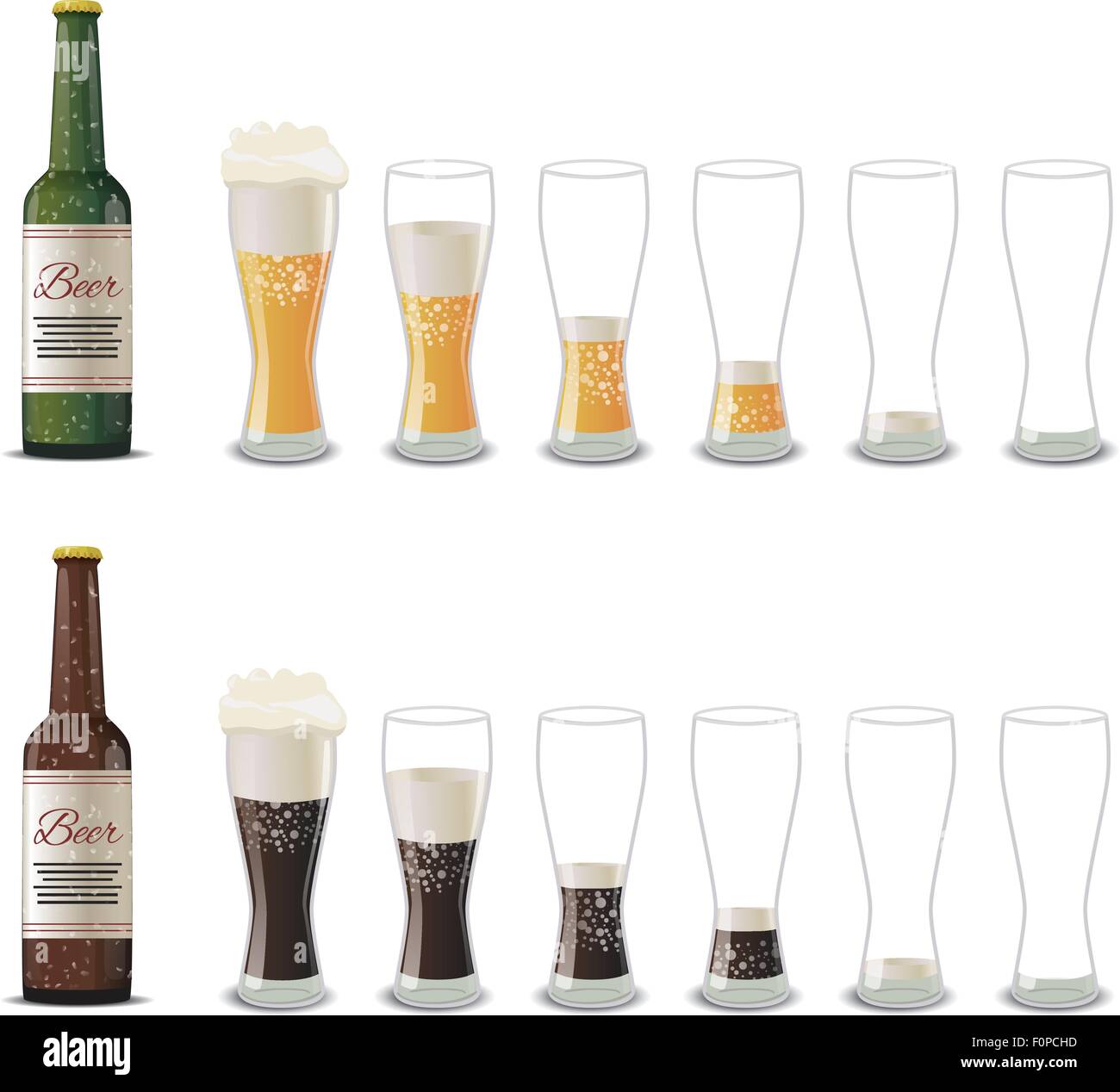 Bottles of dark and light beer with glasses icons isolated on white