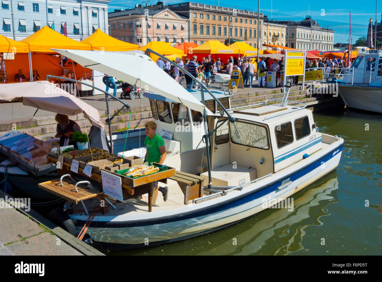 Boats selling fish and potatoes, Kauppatori, market square, Helsinki, Finland, Europe Stock Photo