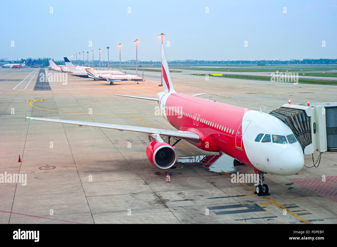 Airplanes in the airport in the morning. View from above Stock Photo