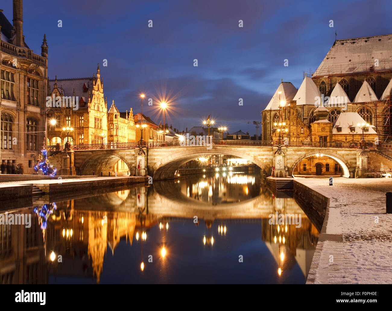Saint Michaels Bridge (Michielsbrug) at night in Ghent, Belgium Stock Photo