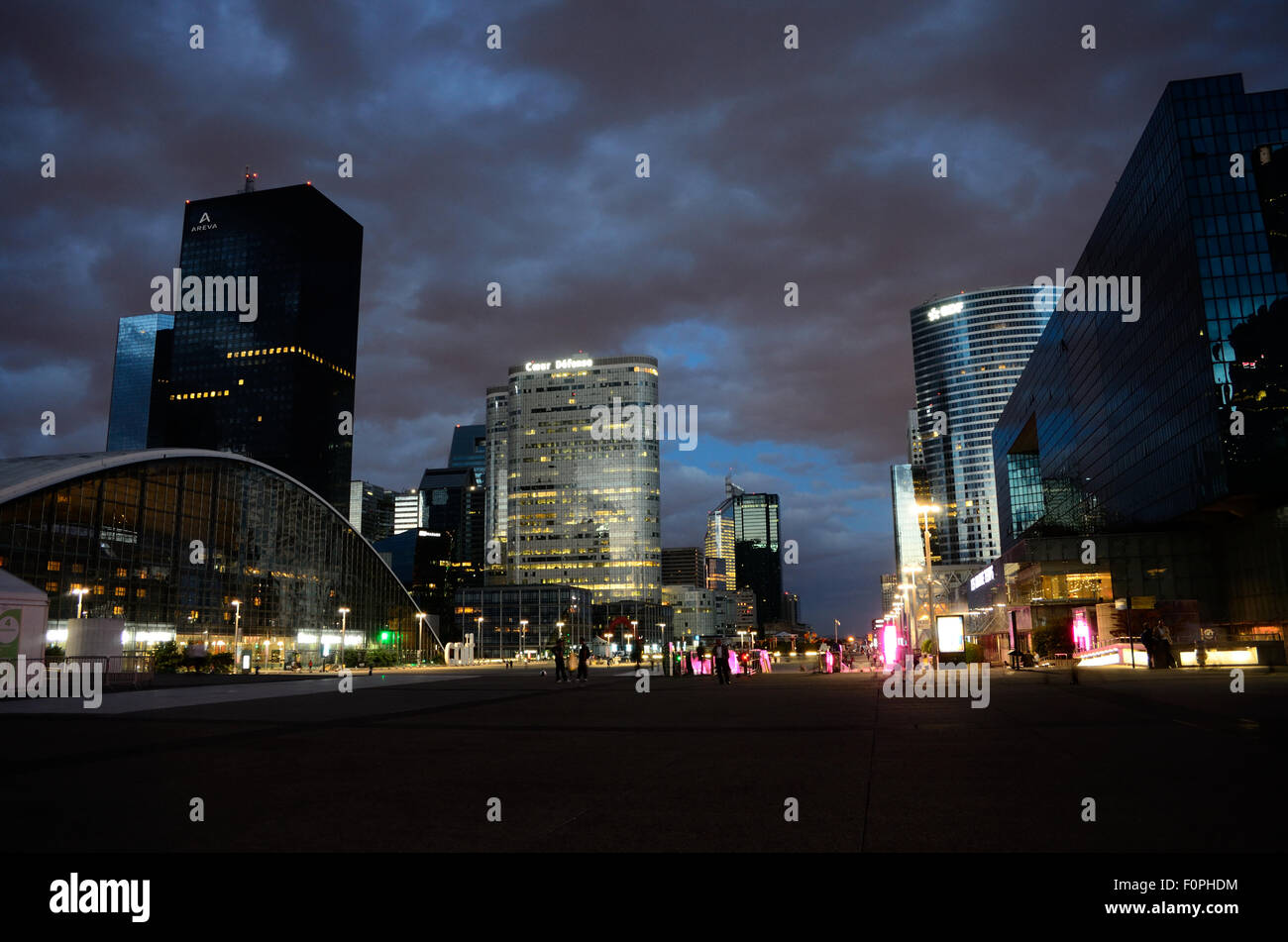 The La Defense business district in Paris pictured at night. Stock Photo