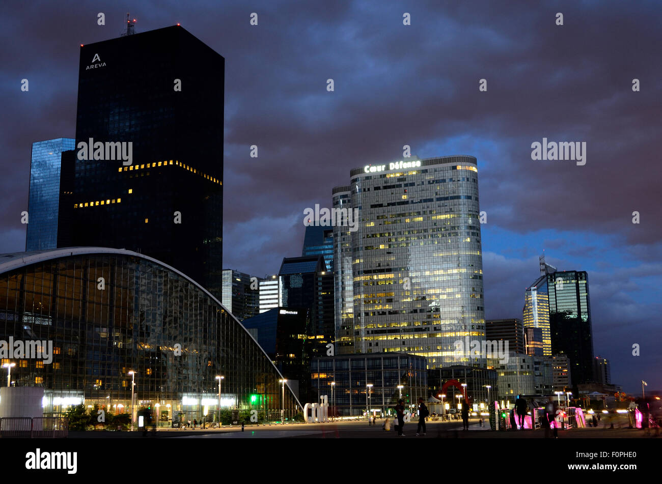 The La Defense business district in Paris pictured at night. Stock Photo