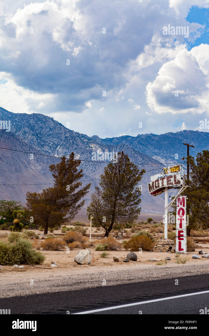 The Rustic Motel found along California Highway 395 below the beautiful Sierra Nevada Mountain Range. Stock Photo