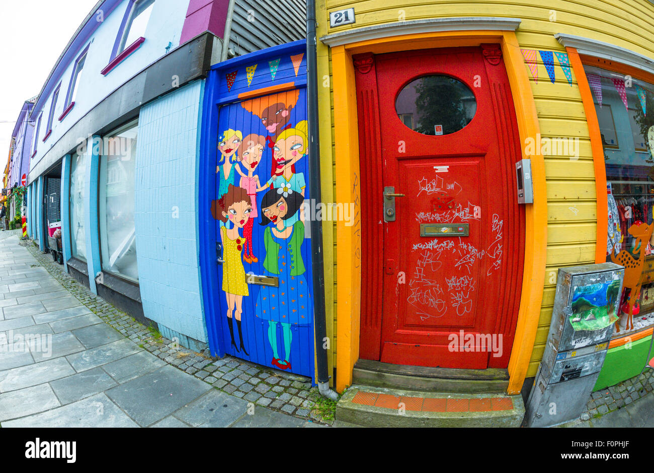 Colourful painted doors along Øvre Holmegate, Stavanger, Norway Stock Photo
