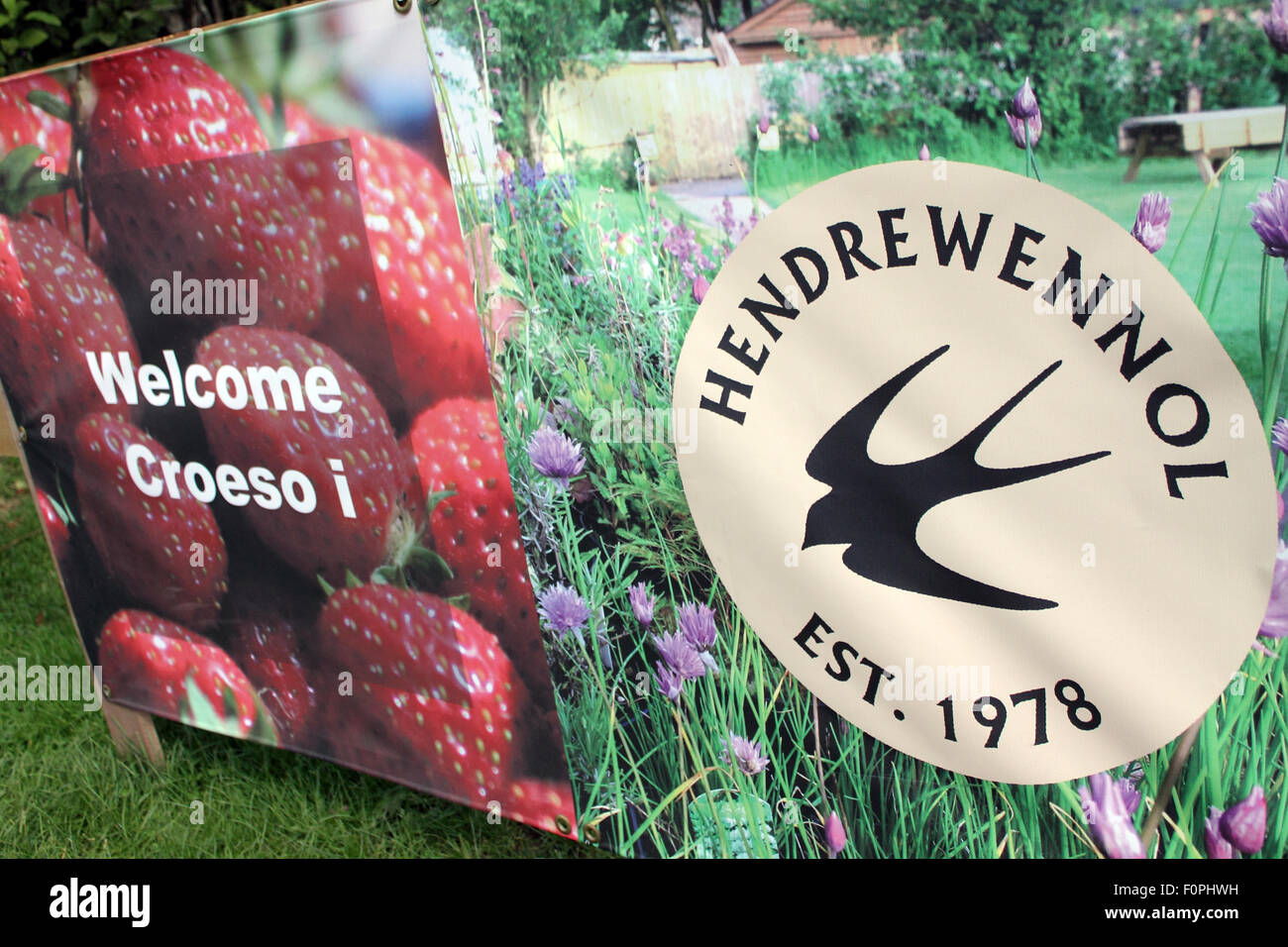Entrance sign, Hendrewennol fruit farm, Bonvilston, Cowbridge, Vale of Glamorgan, Wales. UK Stock Photo
