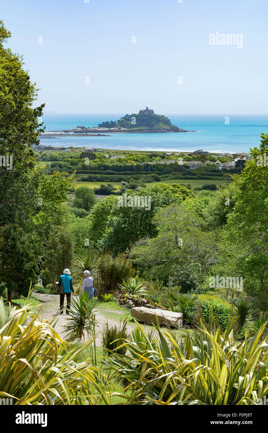 A view of St.Michaels Mount in Mounts bay from Tremenheere gardens near Penzance, Cornwall, UK Stock Photo
