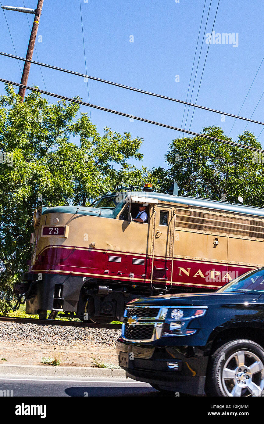 The Napa Valley Wine Train on its way through the California Wine country along California State route 29 Stock Photo