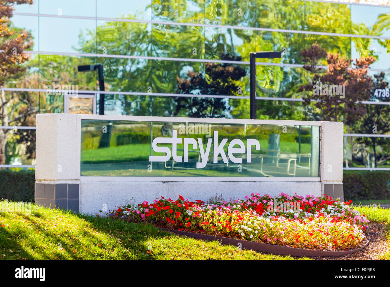 A sign for Stryker Inc in Fremont California makers of medical