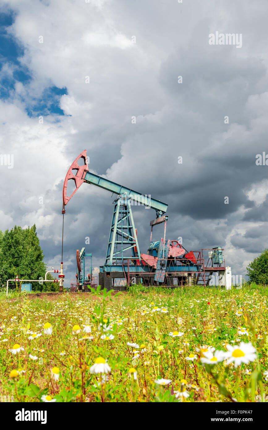 Oil pump jack in a field of wild flowers under dark cloudy skies Stock Photo
