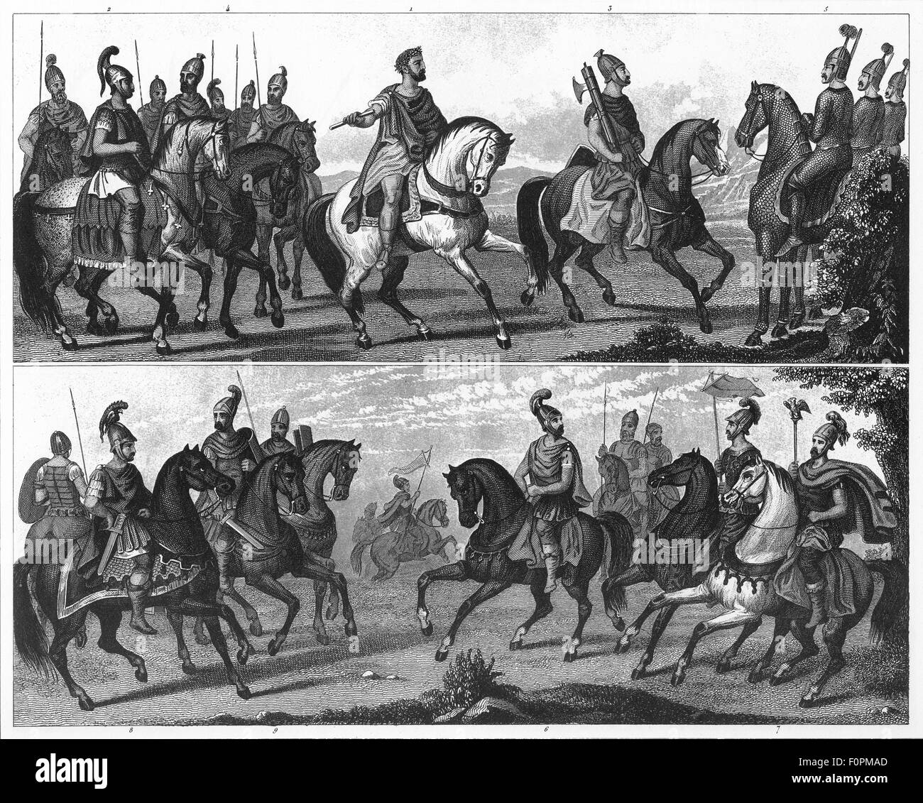Black and white illustration of Roman soldiers and officers Stock Photo