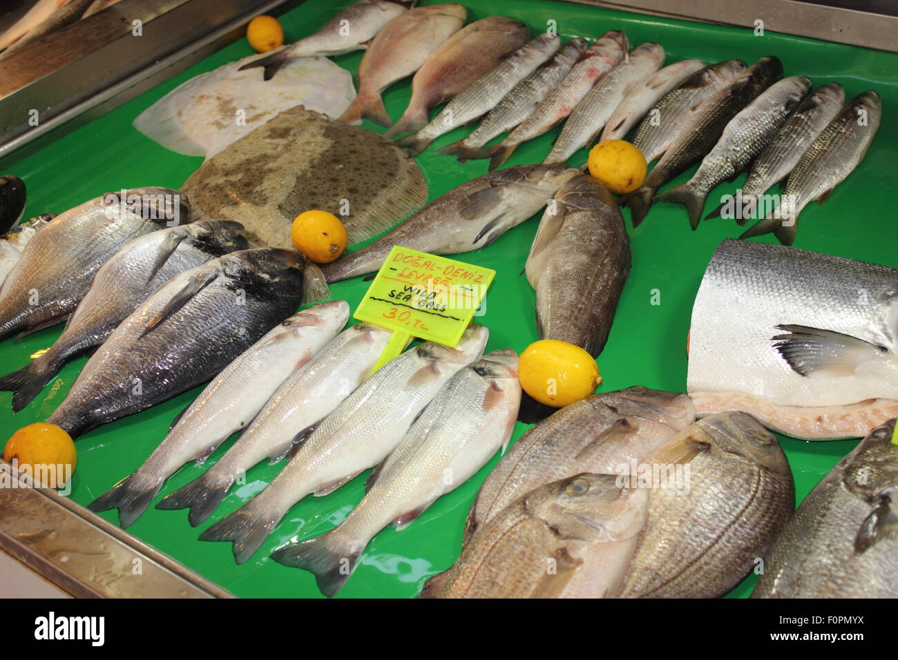 Fish for sale at a popular fish market in Fethiye,Turkey Stock Photo