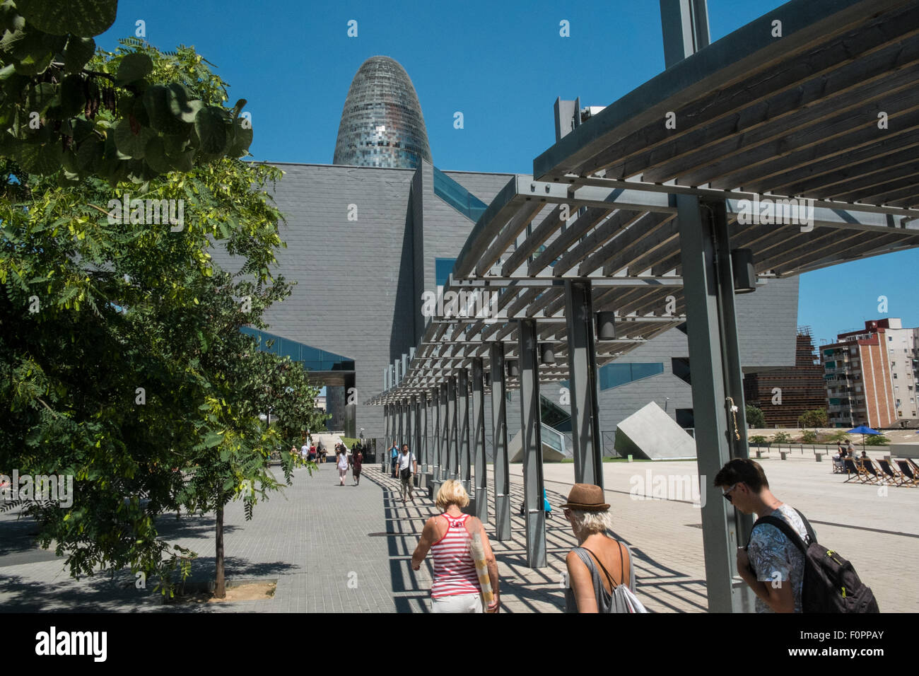 Walkway and Design Disseny Museum in Barcelona,Spain. With Agbar Tower in the background. Stock Photo
