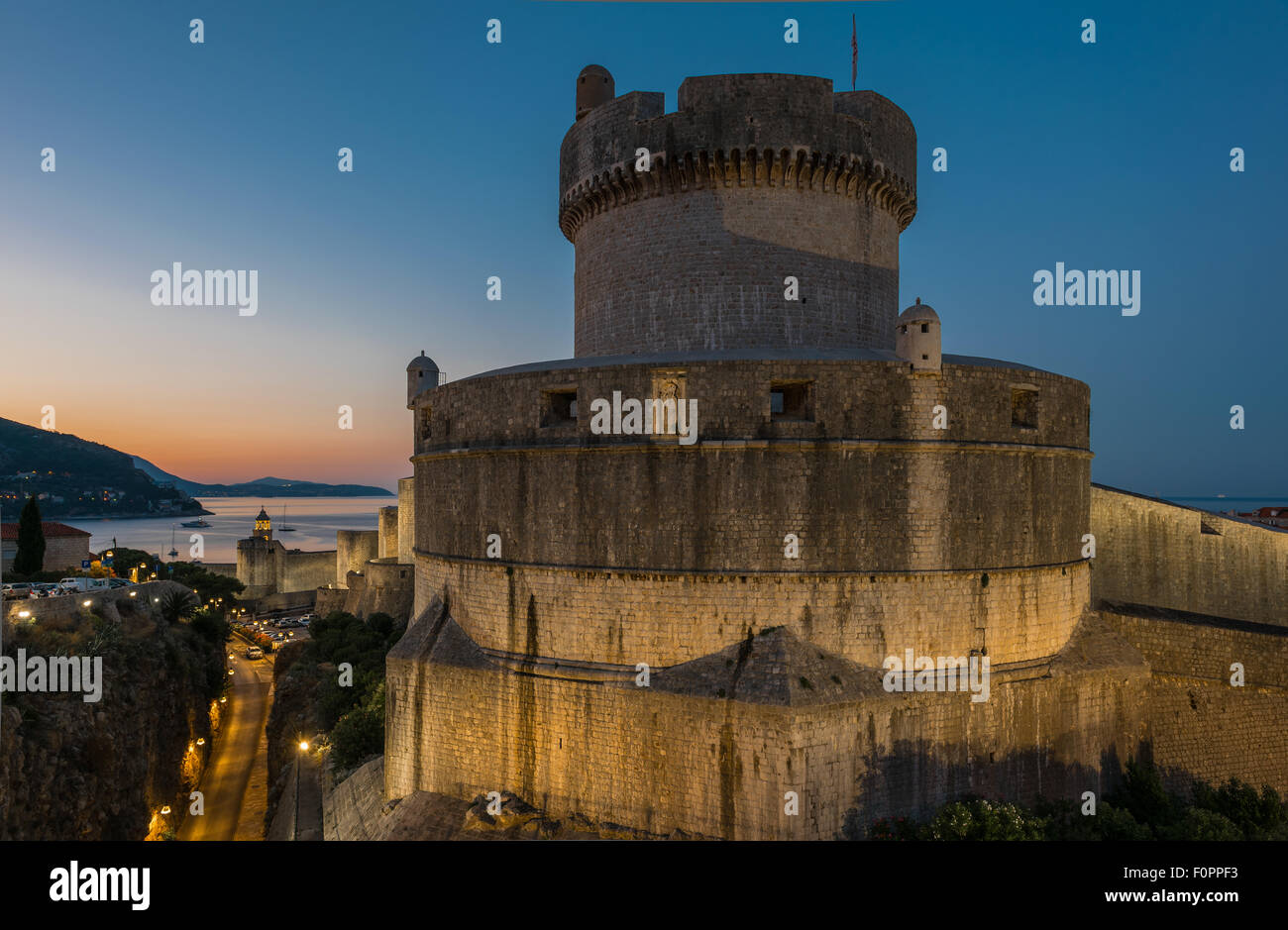 Fortress 'Minceta' and walls of Dubrovnik at night Stock Photo