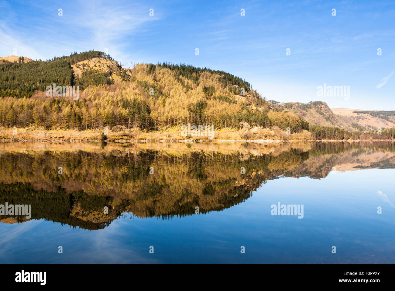 Lakeland hills reflecting on the still water of Thirlmere Reservoir, Lake District National Park, Cumbria, England Stock Photo