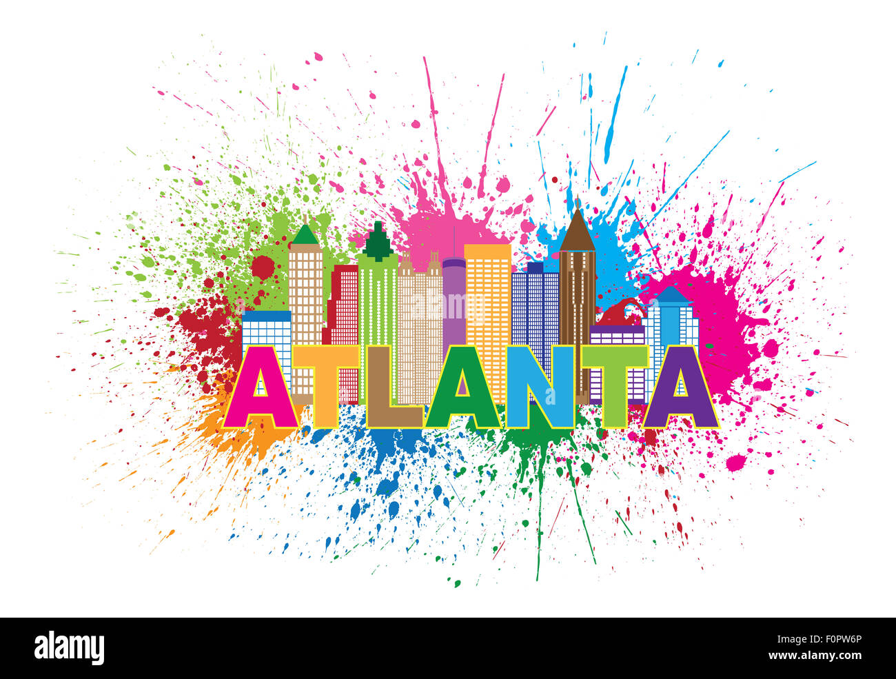 Atlanta Georgia City Skyline Paint Splatter Abstract with Colorful Text llustration Stock Photo