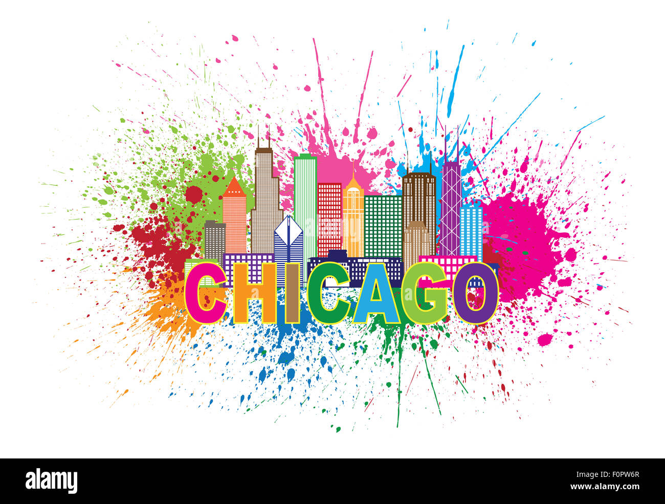 Chicago City Skyline Panorama Outline Silhouette Paint Splatter Abstract Colorful Text Isolated on White Background Illustration Stock Photo