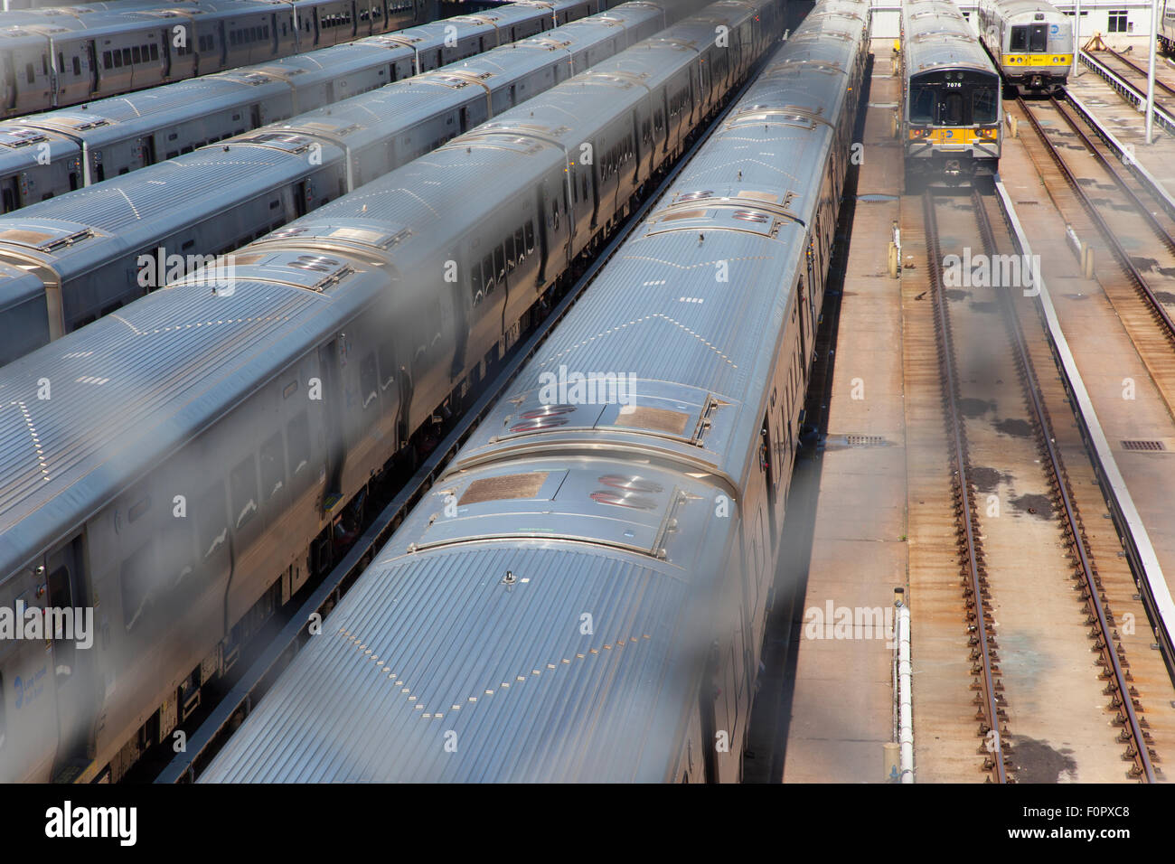 USA, New York State, New York City, Manhattan, Midtown, MTA trains parked in the West Side Yard. Stock Photo