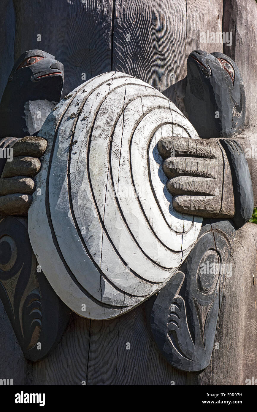 Clam and Otter Detail on Totem Pole Stock Photo