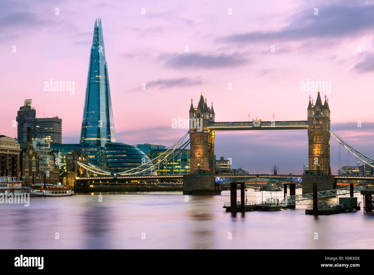 London, Tower bridge and Shard London Bridge at Dusk Stock Photo