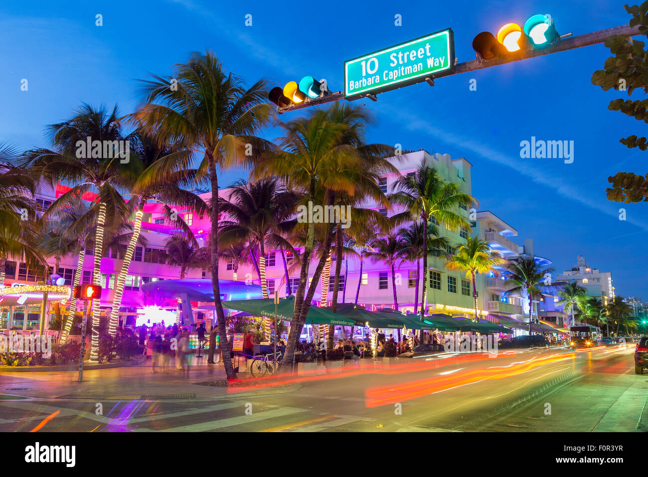 Miami, Ocean Drive at Night Stock Photo