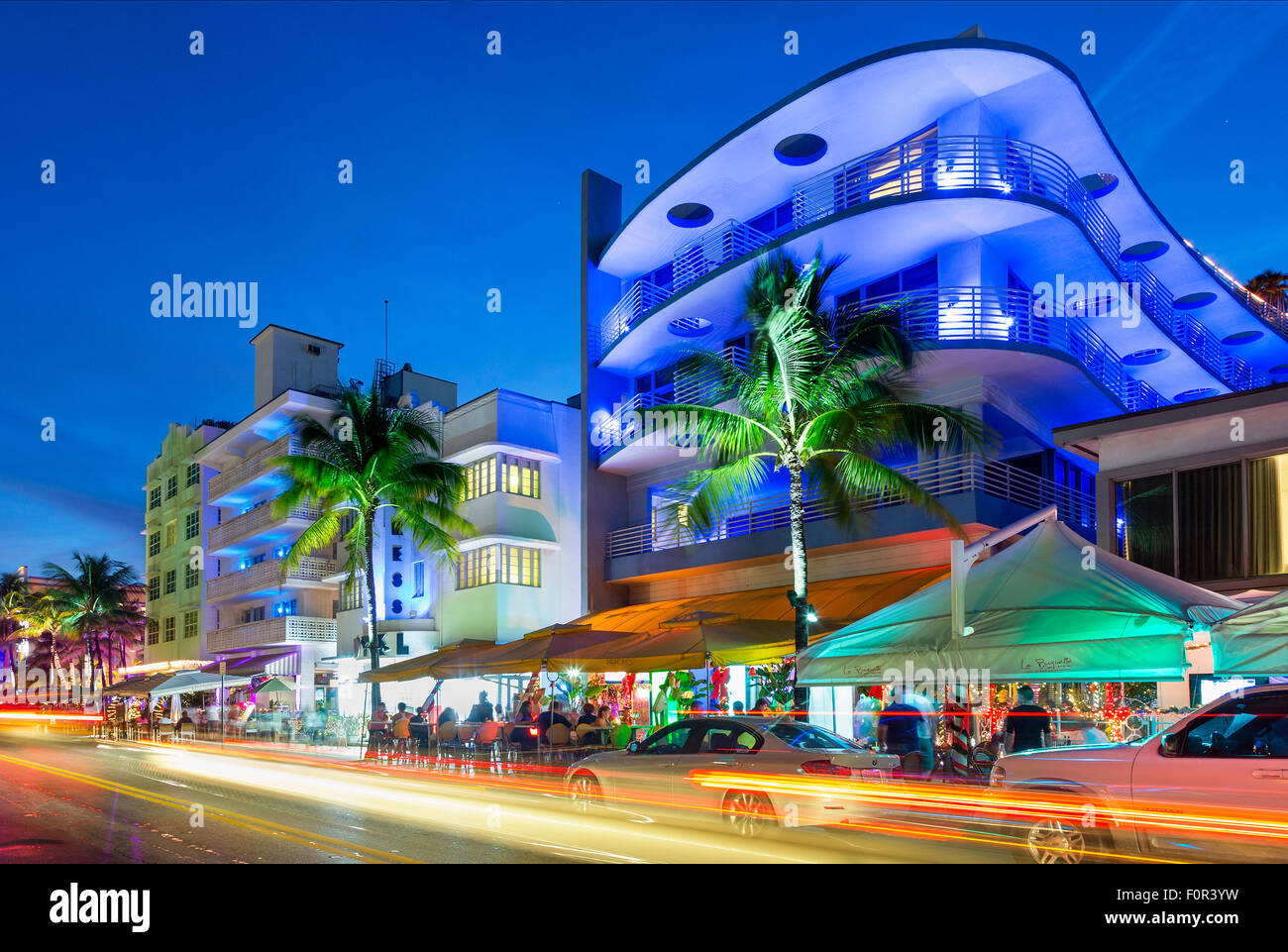 Miami, Ocean Drive at Night Stock Photo