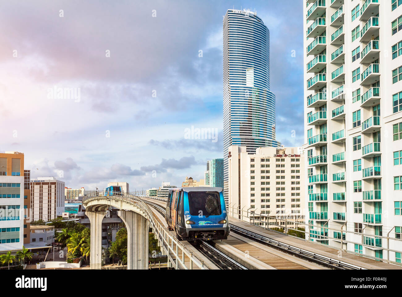 Metrorail and Miami Tower, Miami downtown Stock Photo
