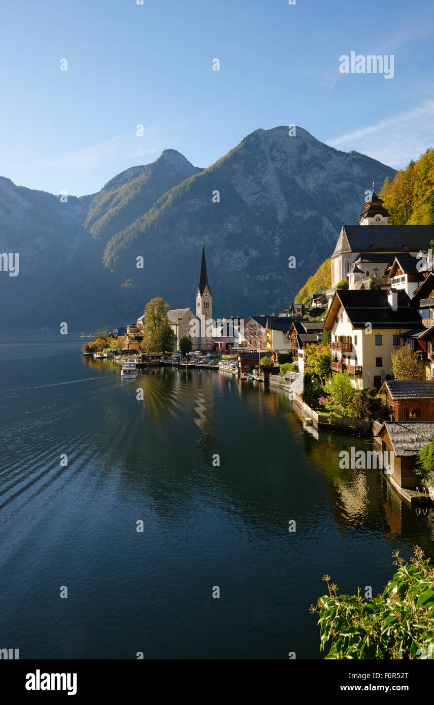 View of Hallstatt with Church, Lake Hallstatt, Salzkammergut, a UNESCO World Heritage Site, Hallstatt-Dachstein, Salzkammergut Stock Photo