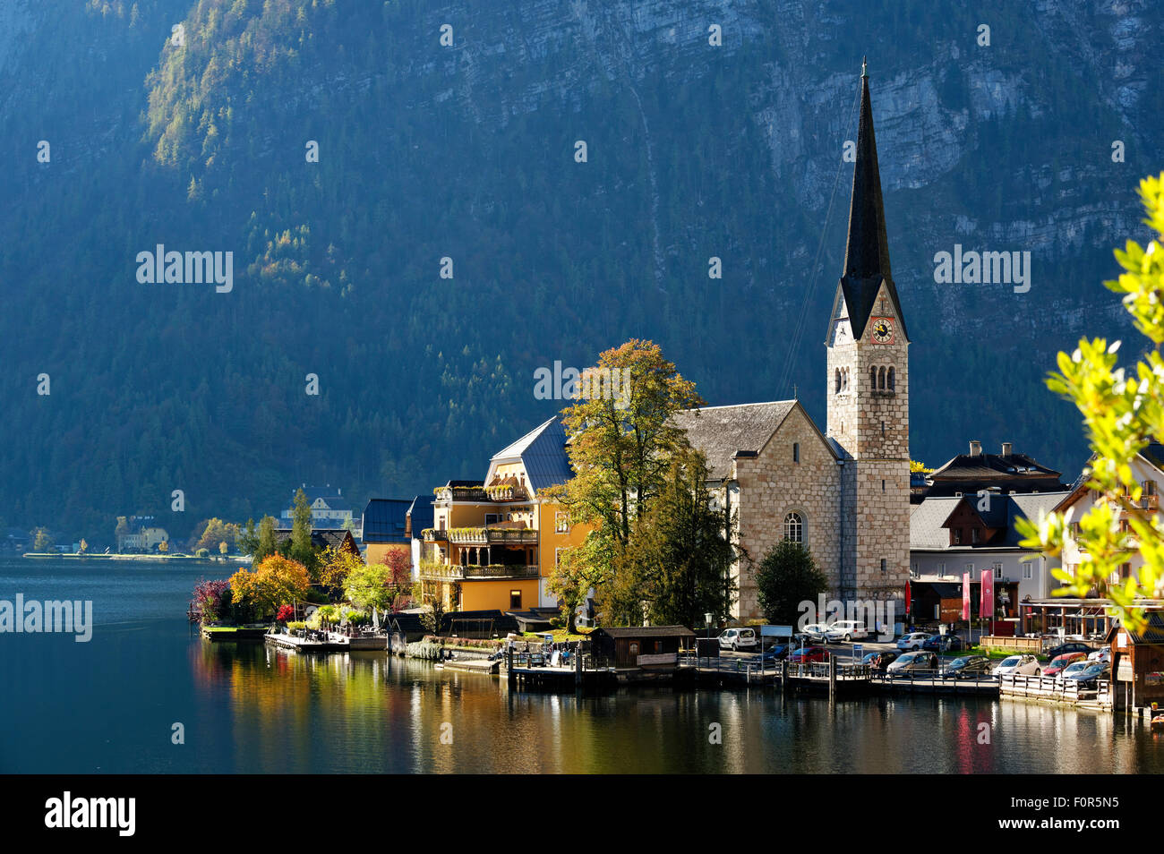 View of Hallstatt with Church, Lake Hallstatt, Salzkammergut, a UNESCO World Heritage Site, Hallstatt-Dachstein, Salzkammergut Stock Photo