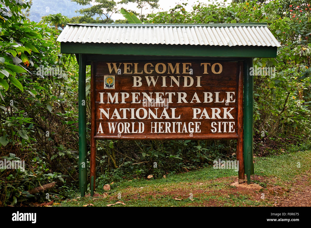 Gorilla trekking, sign at entrance to Bwindi Impenetrable National Park, Uganda, Africa Stock Photo