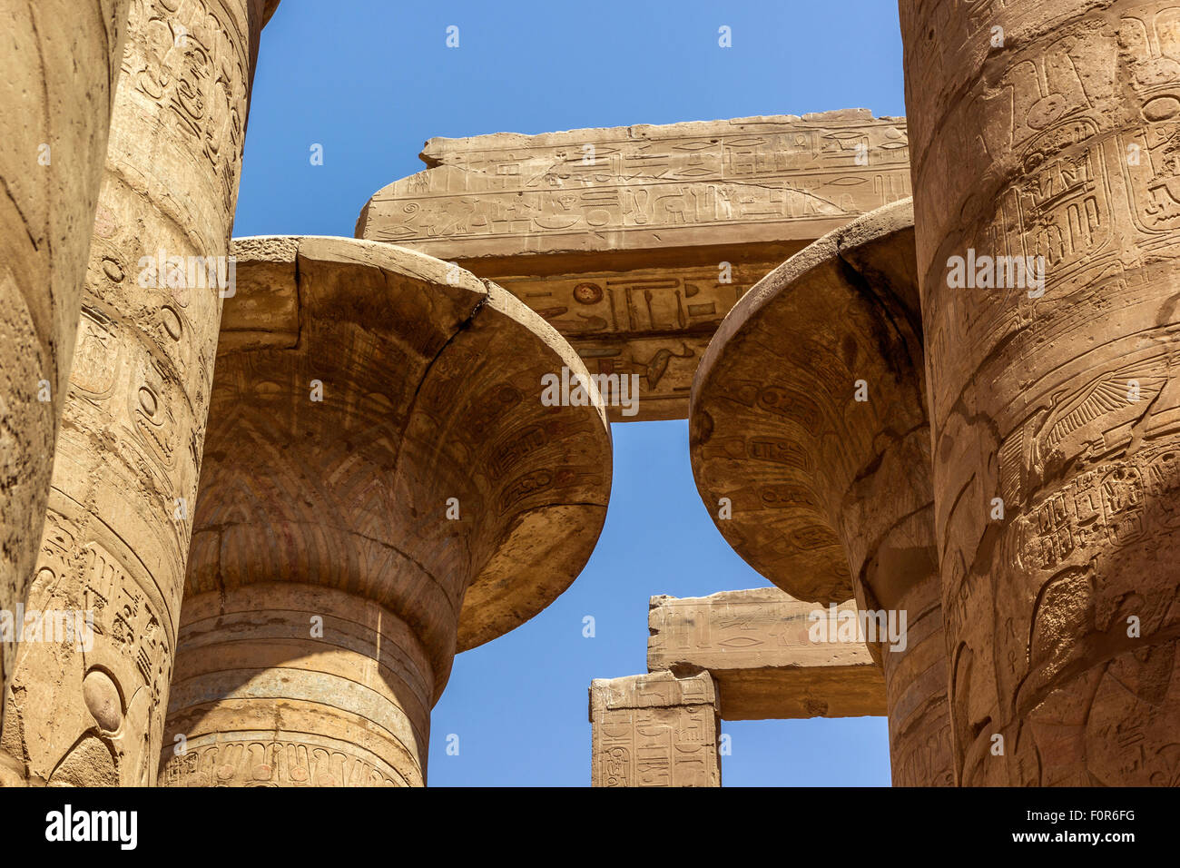 a horizontal view of a detail of a capitel of the Great Hypostyle Hall of the Temple of Karnak, Luxor (Egypt) Stock Photo