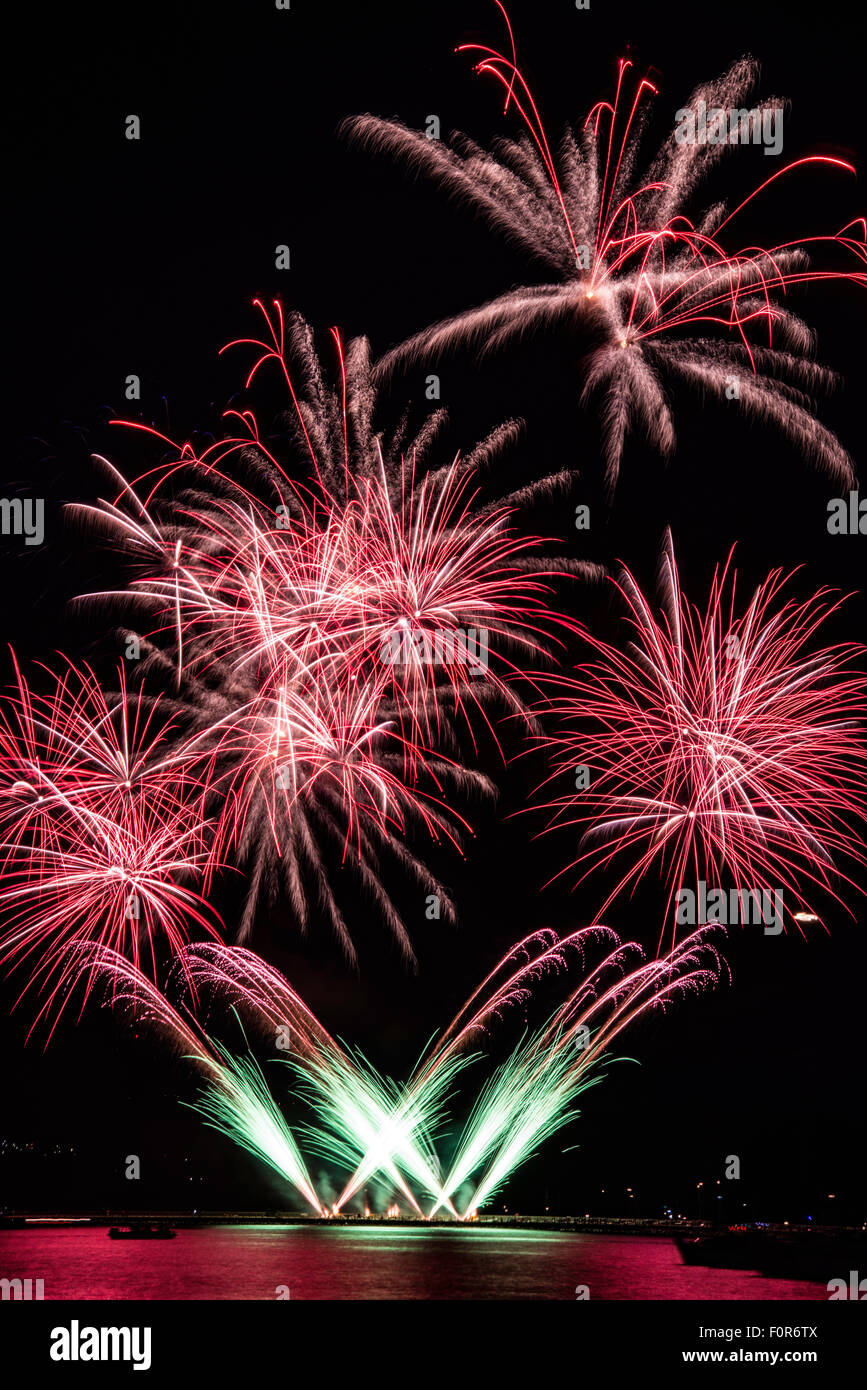 Fireworks on Mountbatten Breakwater in Plymouth Devon, part of the display during the 2015 British Firework Championships. Stock Photo