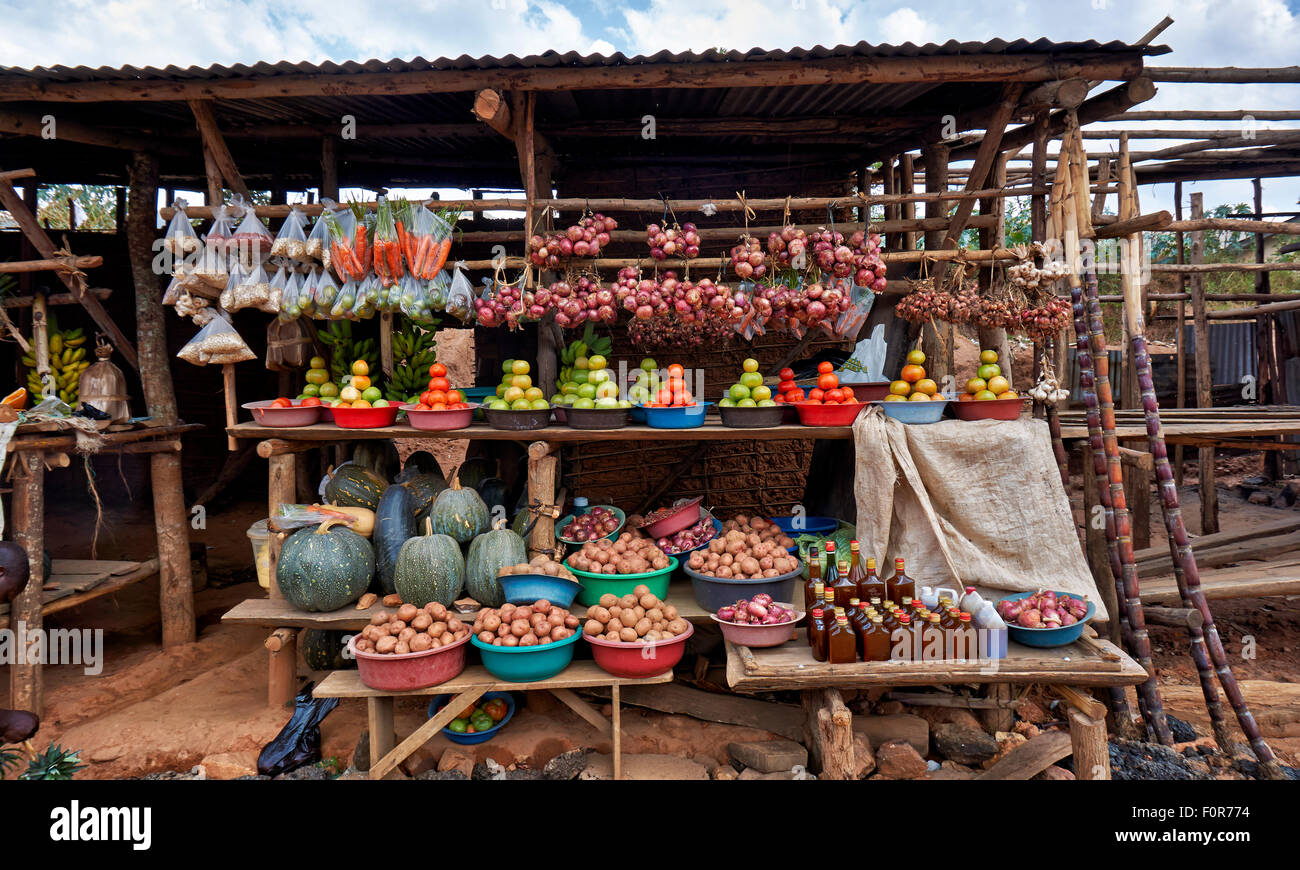 market stalls with fruits and vegetables beneath the road, Uganda