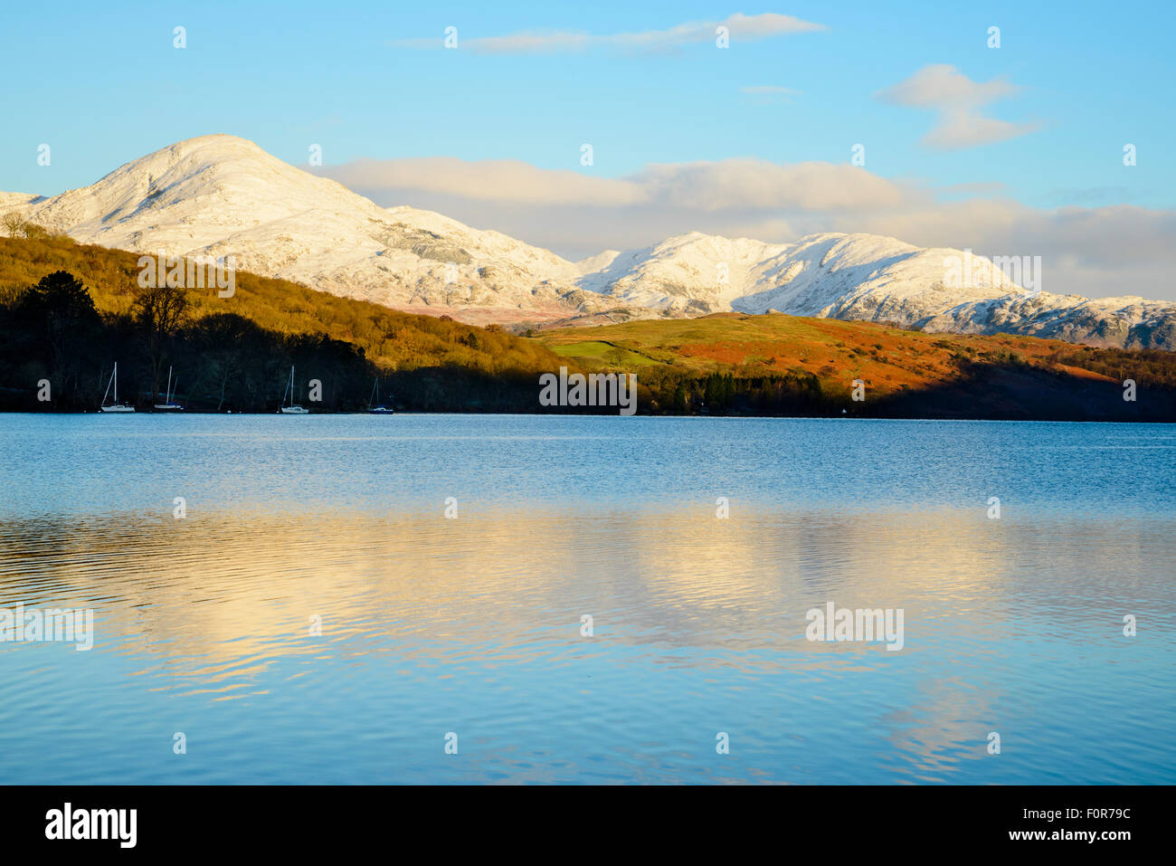 Snowy Coniston fells (Coniston Old Man and Wetherlam) reflected in Coniston Water, Lake District, early morning Stock Photo