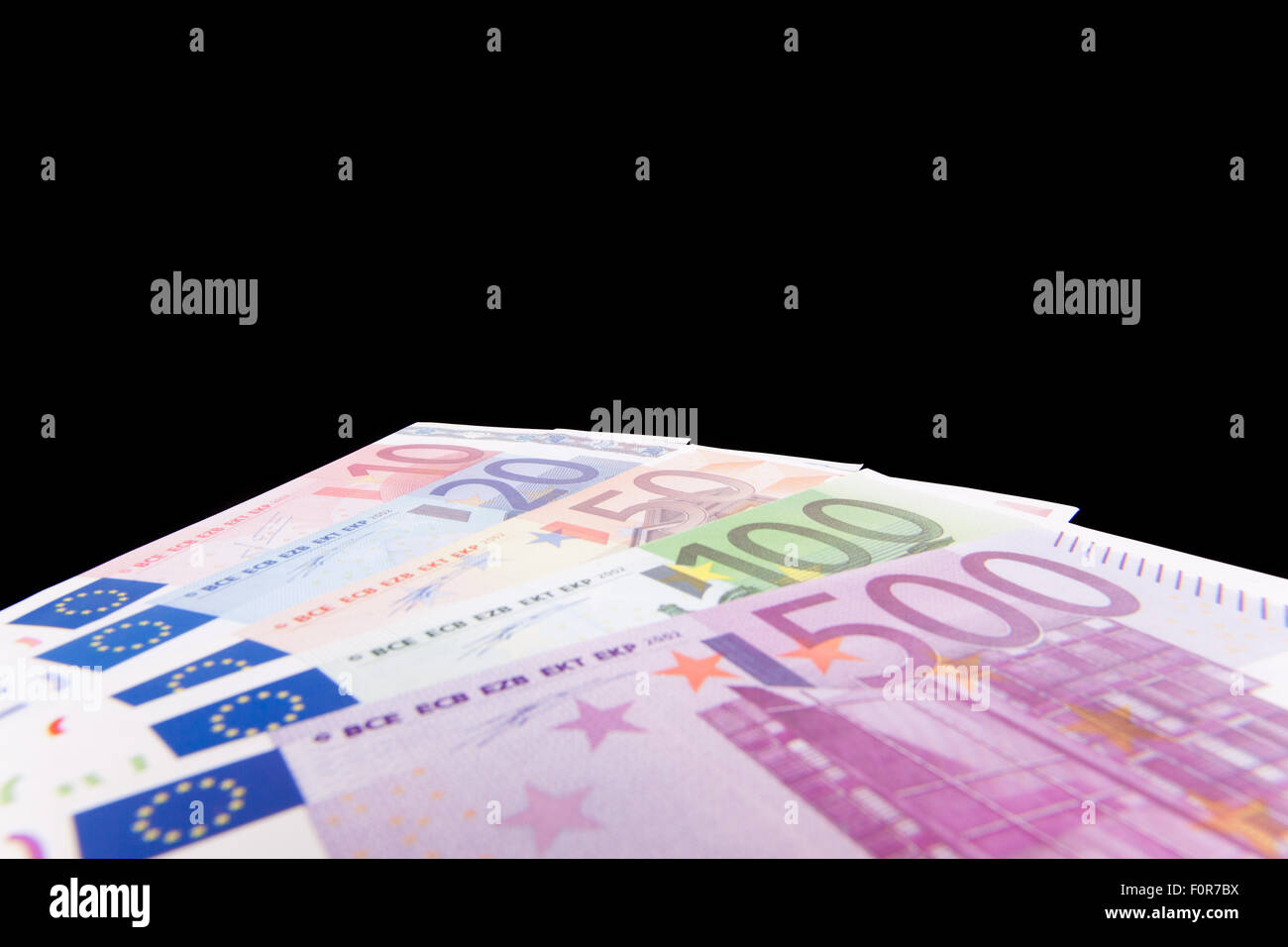 Various euro notes isolated on black background Stock Photo
