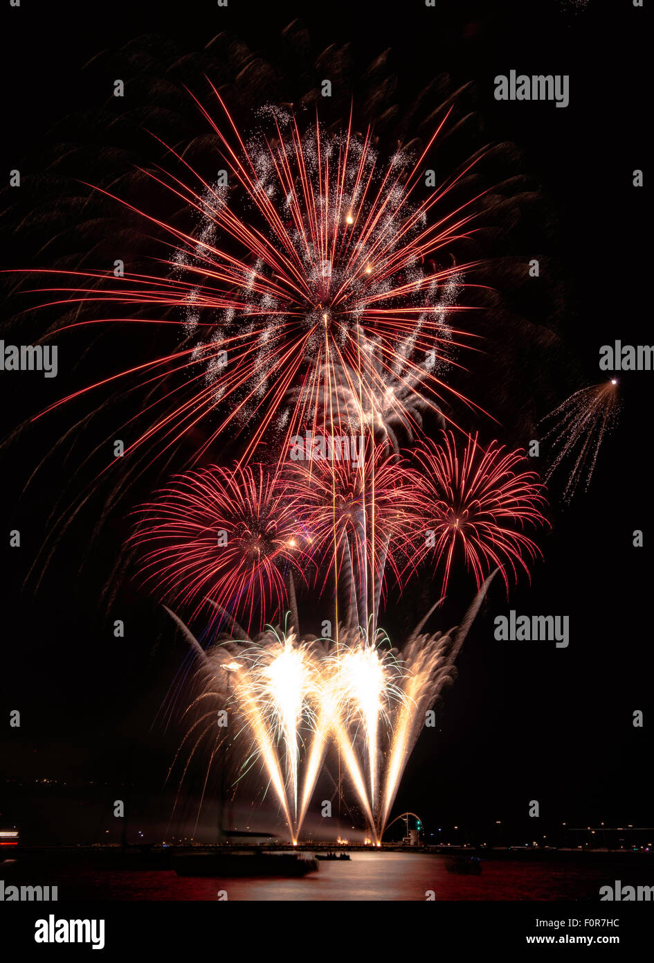 Fireworks on Mountbatten Breakwater in Plymouth Devon, part of the display during the 2015 British Firework Championships. Stock Photo