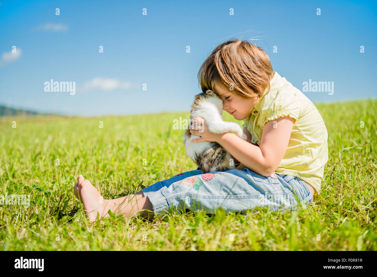 Child sitting in grass and playing with her cute kitten Stock Photo