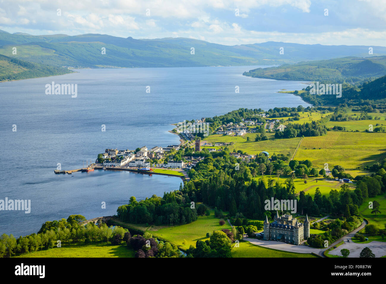 View over Loch Fyne and Inveraray Castle and town from Dun nu Cuaiche Argyll Scotland Stock Photo