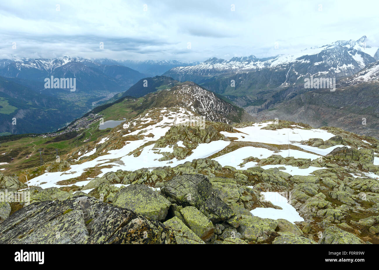 Mountain Bettmeralp (Switzerland) summer top cloudy view. Stock Photo