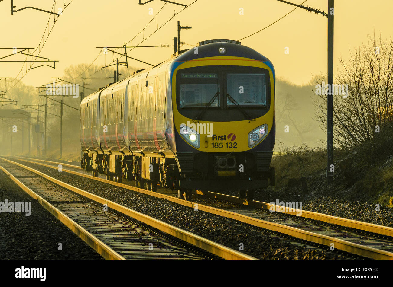 First TransPennine Express diesel train on the West Coast Main Line near Garstang Lancashire Stock Photo