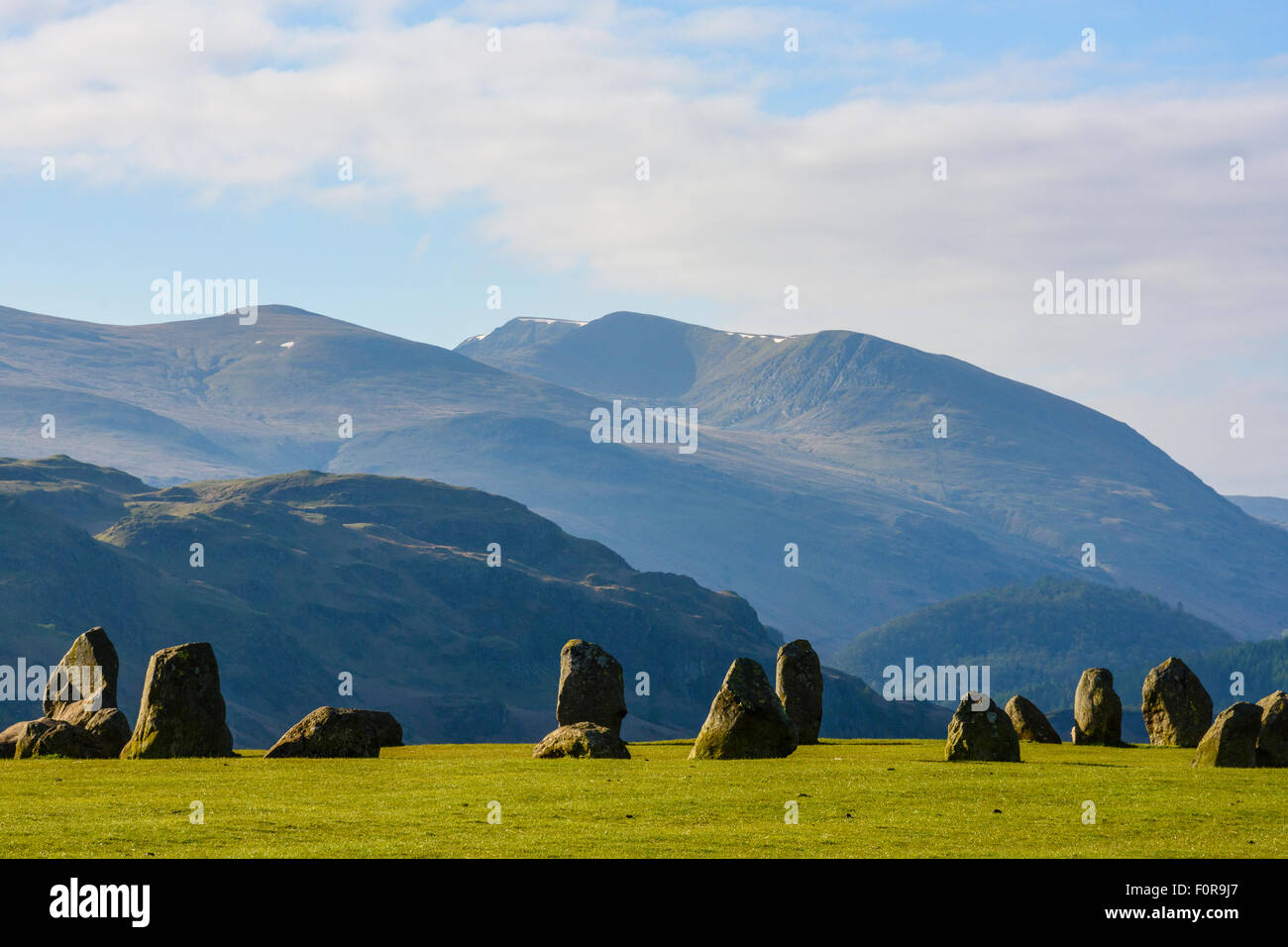 Castlerigg stone circle, Lake District, with Helvellyn behind Stock Photo