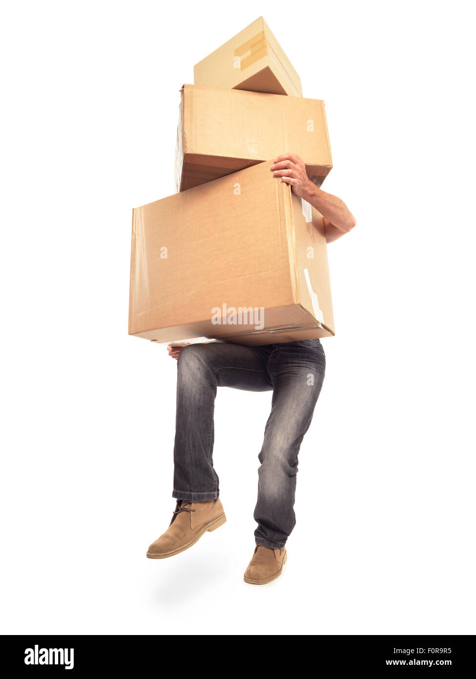 Man carrying too many boxes isolated on white with clipping path Stock Photo