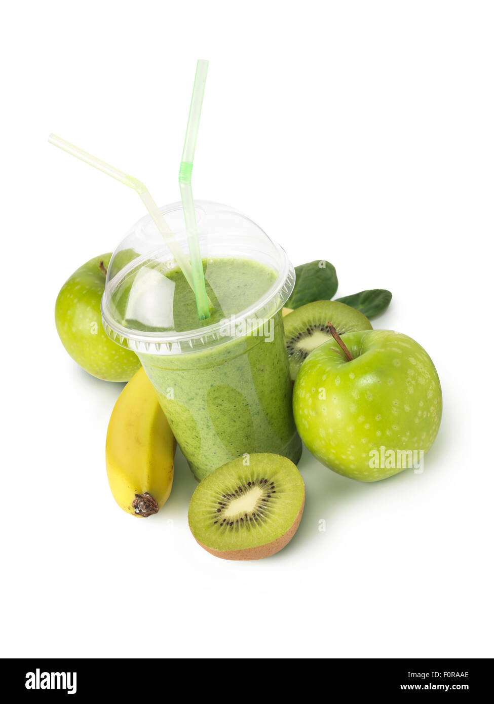Green fruit smoothie with banana, apple and kiwi Stock Photo
