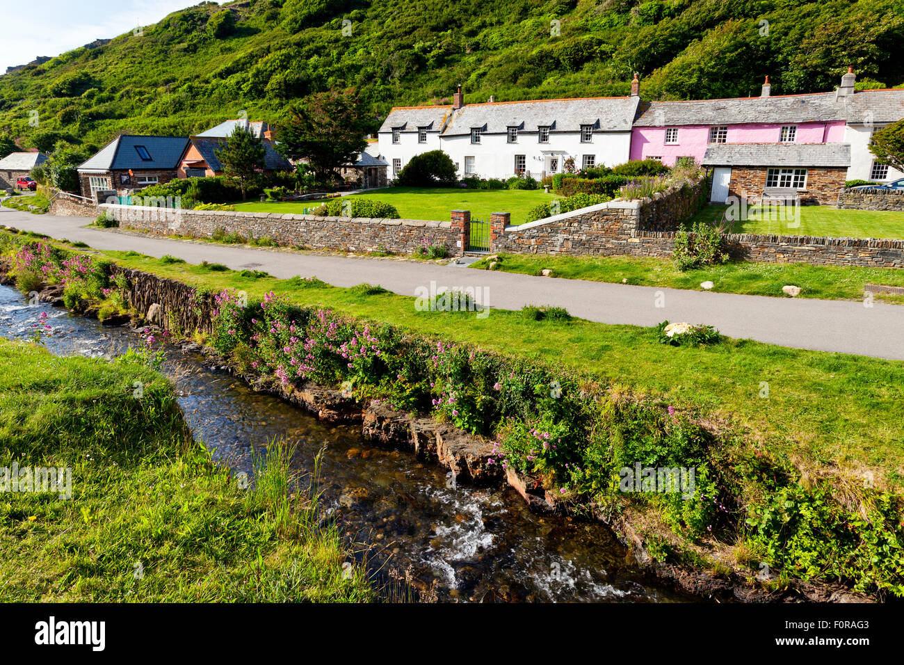 A row of stone cottages in Valency Row, Boscastle, north Cornwall