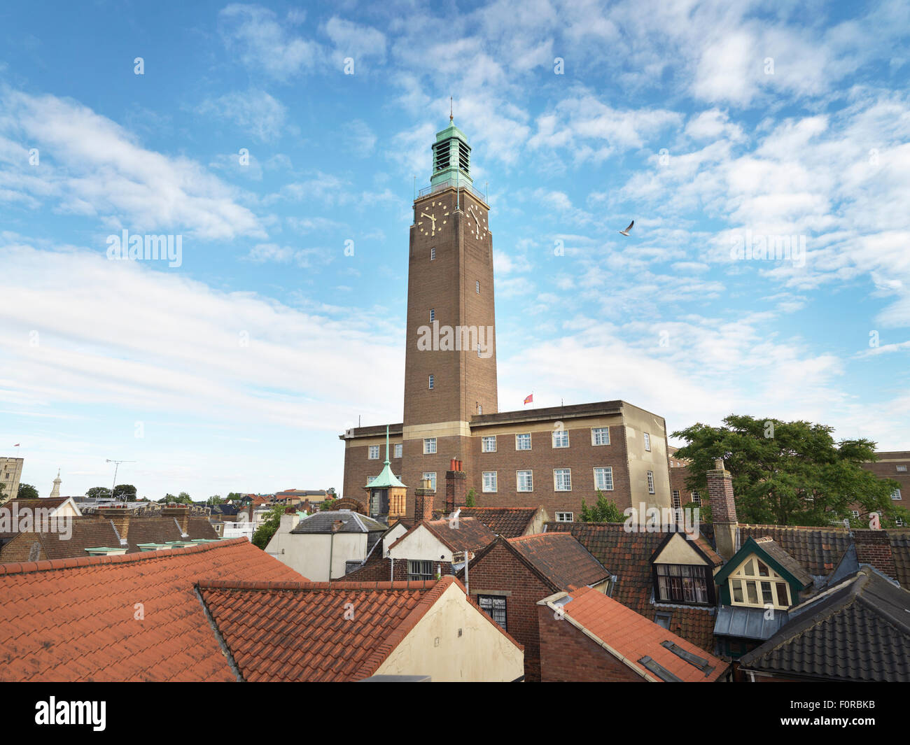 Shot of Norwich city hall clock tower that is a local landmark and well recognized in the eastern region of england. Copy space Stock Photo