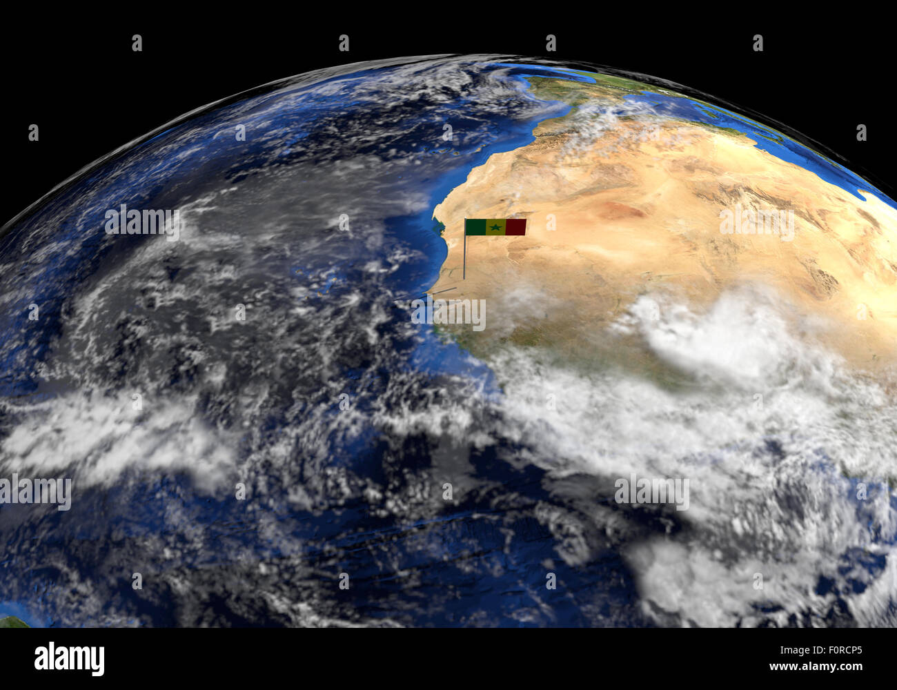 Senegal flag on pole on earth globe illustration - Elements of this image furnished by NASA Stock Photo