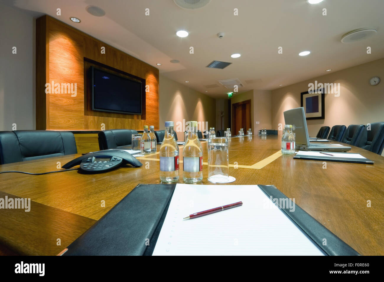 conference hall Interior with table, raw of chairs and blocknotes Stock ...