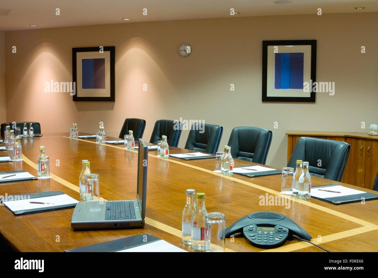 conference hall Interior with table, raw of chairs and blocknotes Stock ...