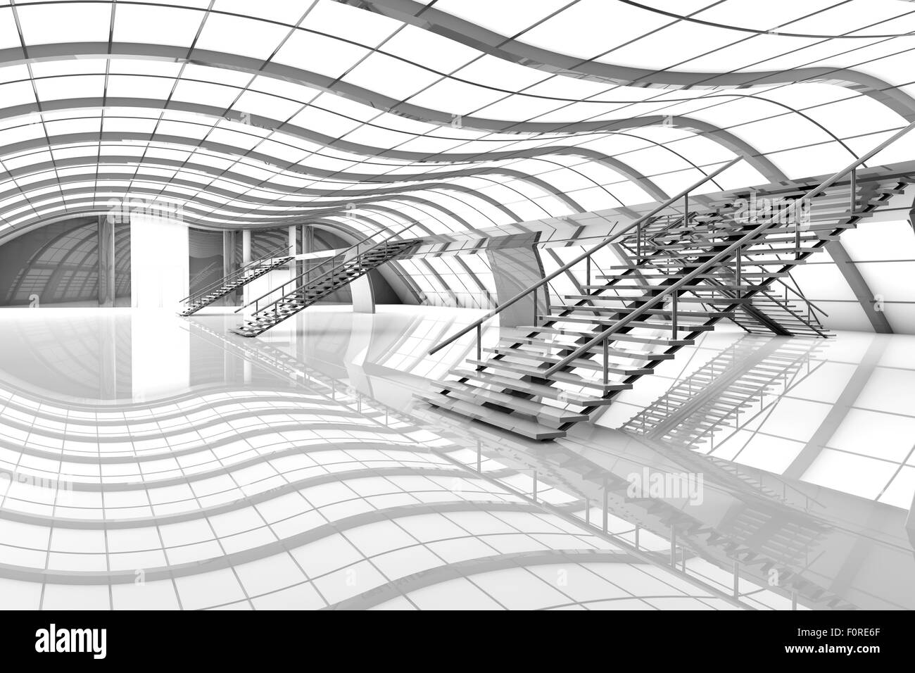 3D architecture visualization of a futuristic airport interior. Stock Photo