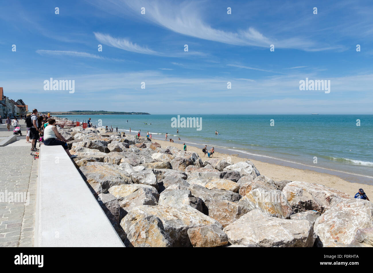 Sea defences on the beach at the Normandy town of Wissant Stock Photo