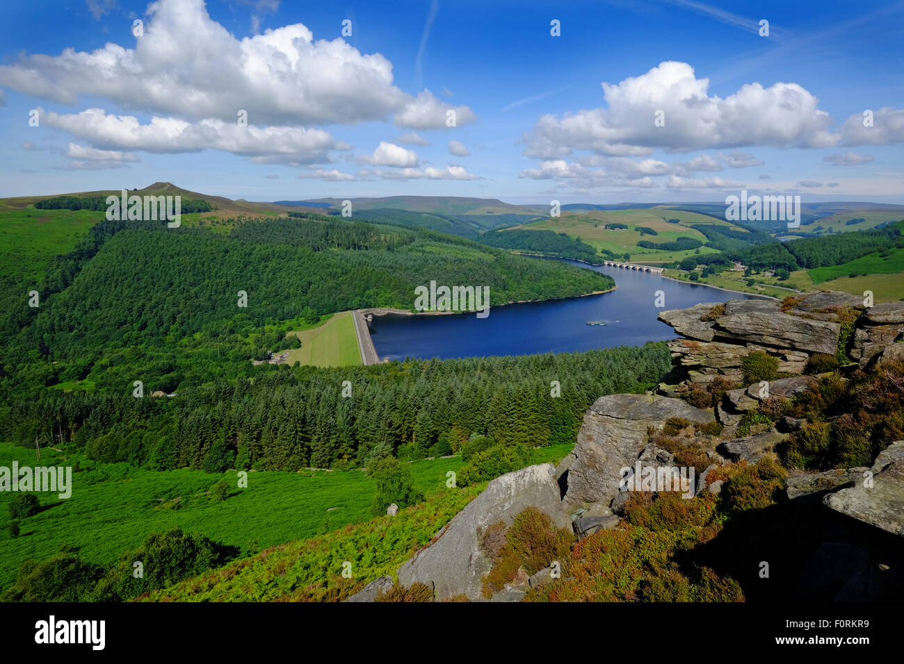 Ladybower Reservoir in Derbyshire Peak District seen from Bamford Edge. Win hill on the left of picture Stock Photo